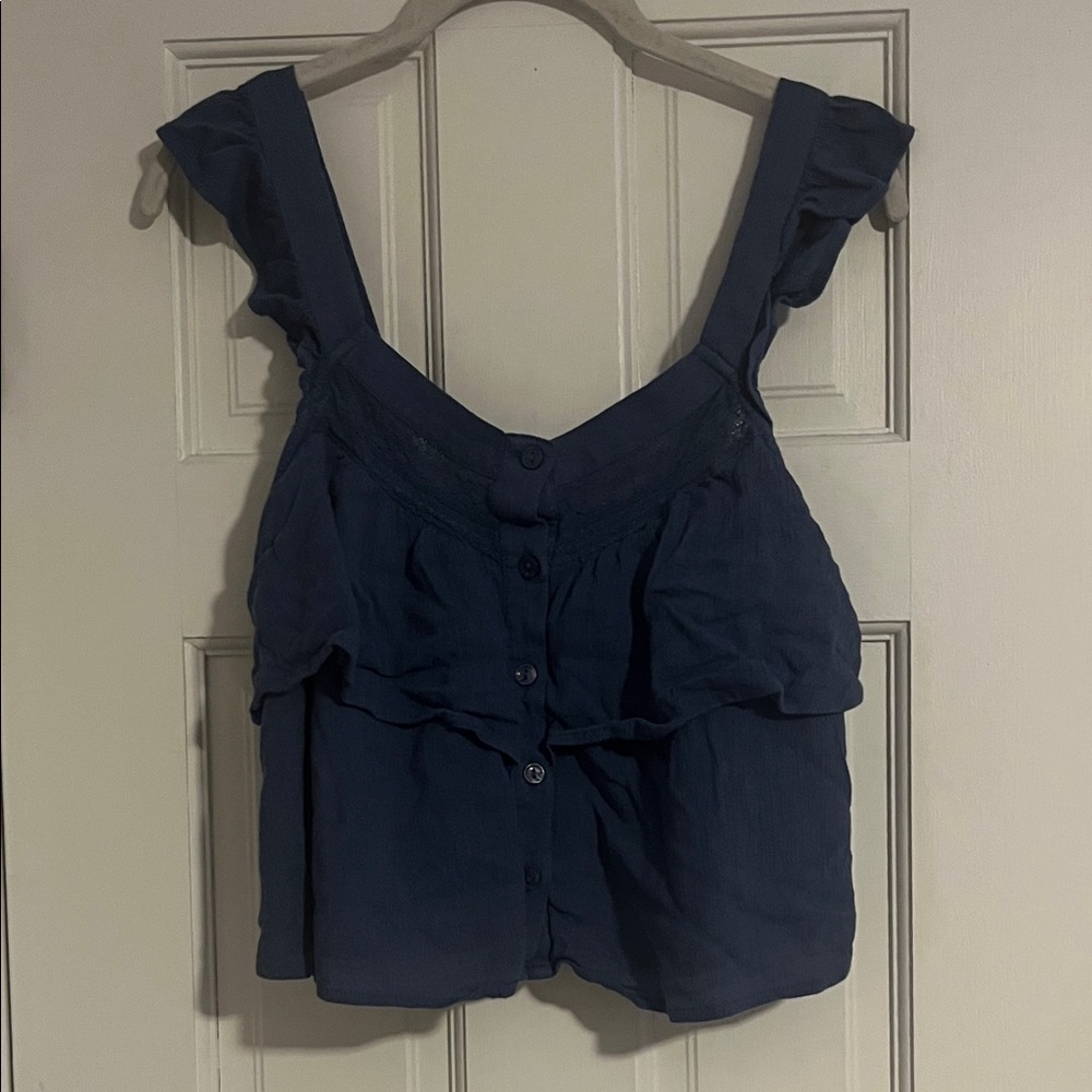 American Eagle Outfitters Dark Blue Ruffle Sleeveless Blouse
